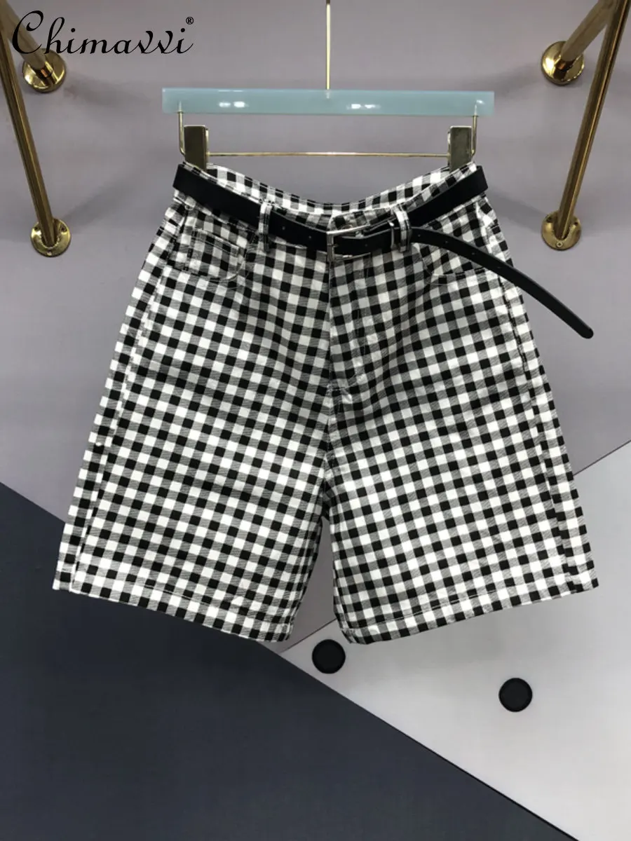 

Plaid Knee-length Jeans Women 2023 Summer New Korean Style High Waist Slim Straight Middle Pants Lady Wide Leg Pants Fashion
