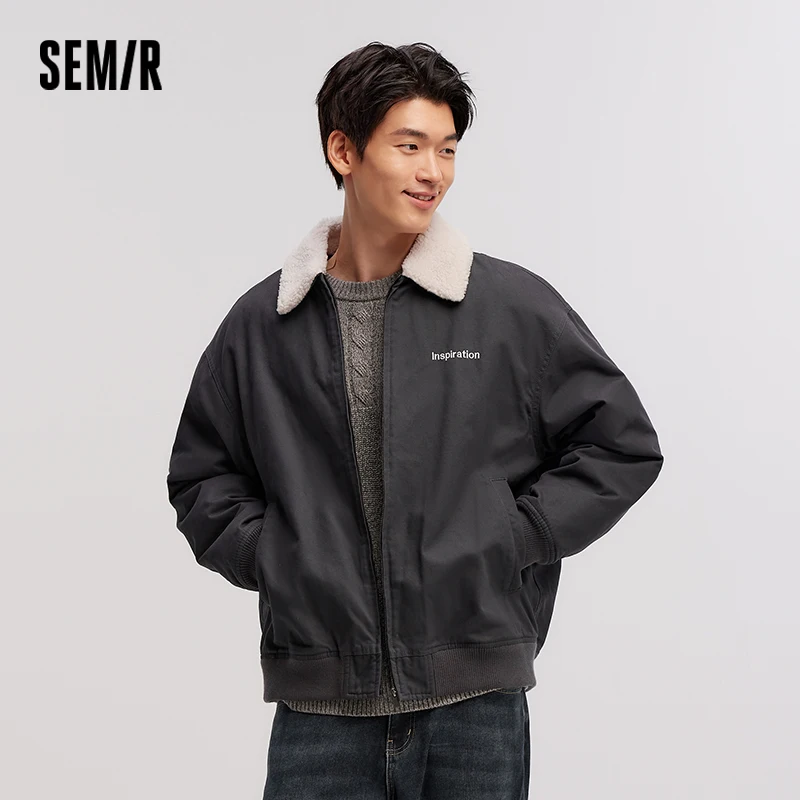 Semir Jacket Men 2024 Winter New Retro Patchwork Imitation Lamb Wool Lapel Coat Loose Trendy Embroidered Cotton Jacket