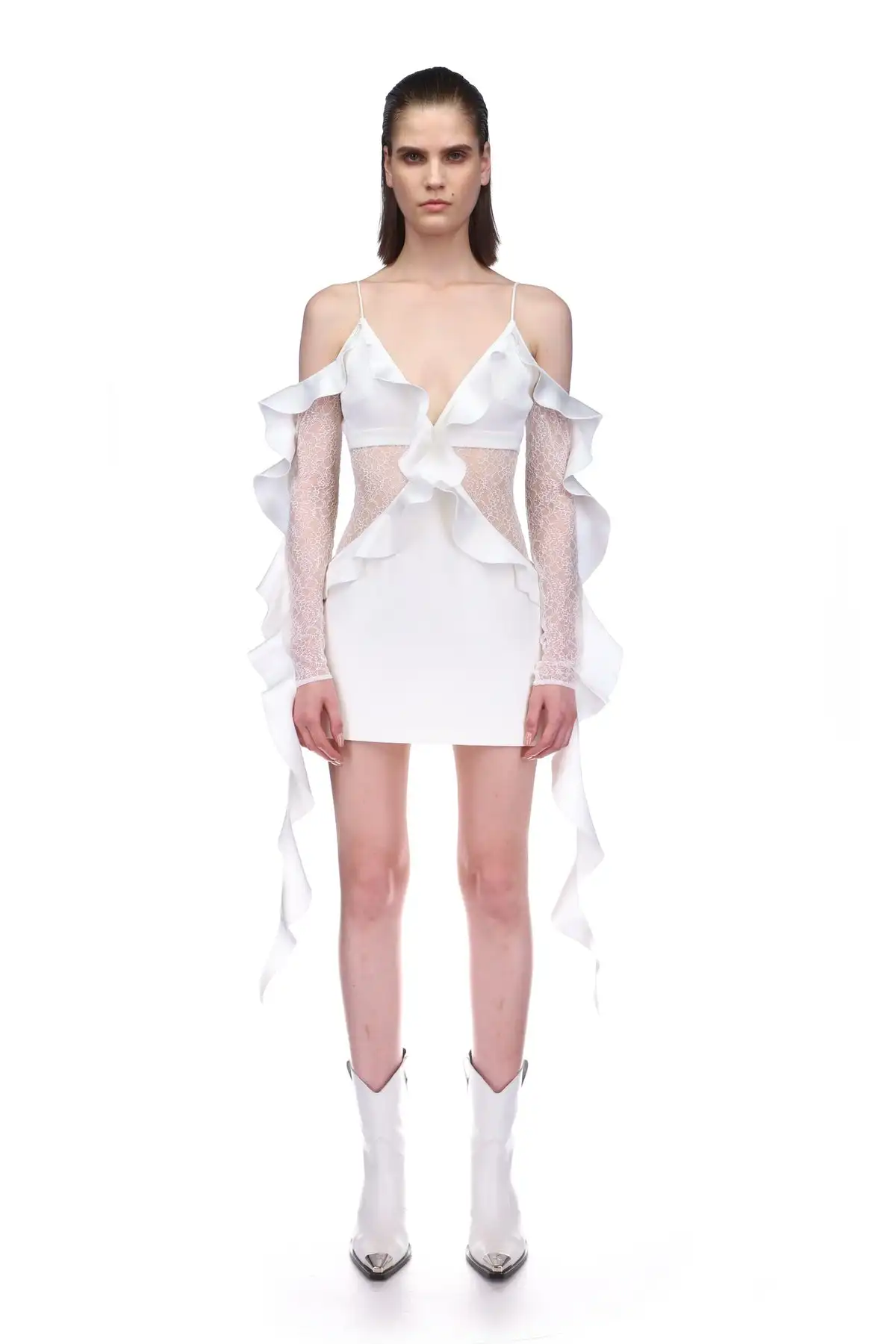 

Summer Short Fashion Fairy Dress White Hanging Strap Hollowed Out Sleeve Long Waist Wrap Hip Elegant Beach Holiday Party