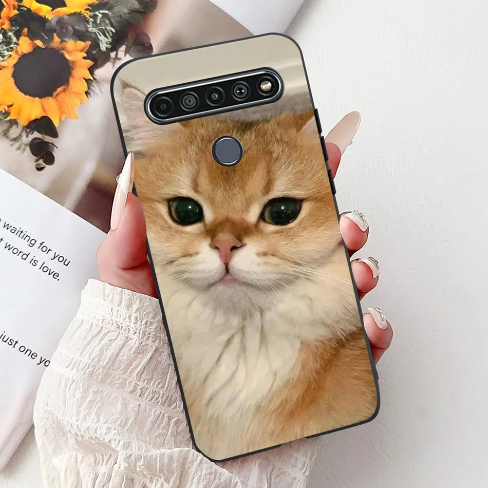 Elegant Floral Cat Printed Black Silicone Phone Case