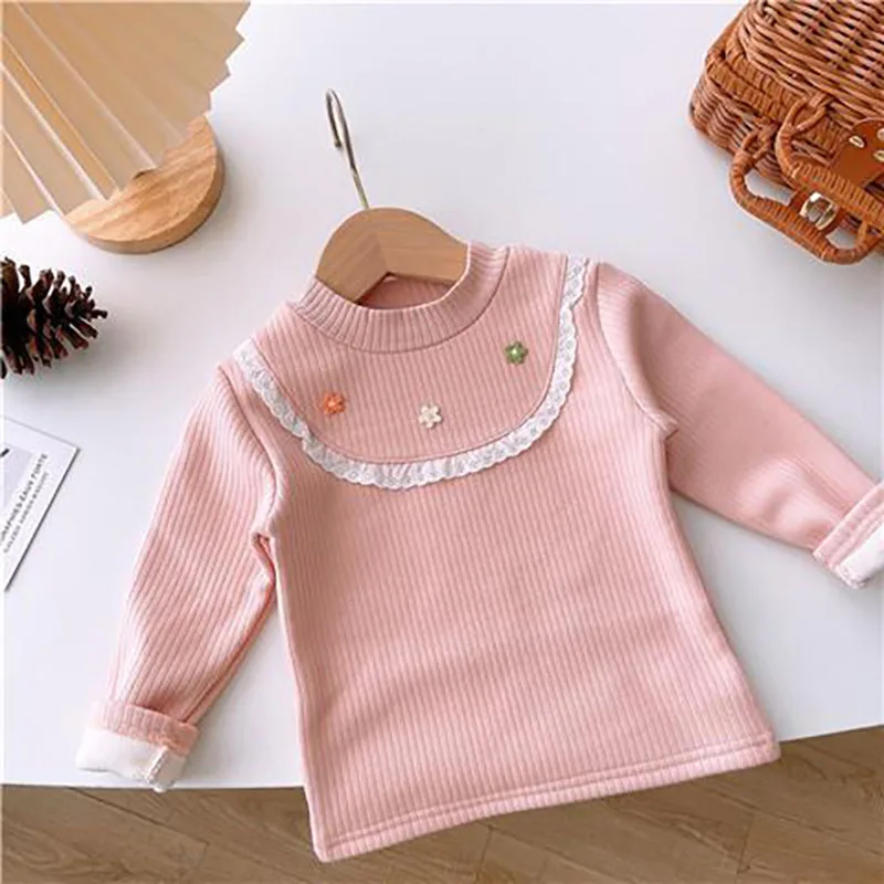 Girls Fleece Padded Shirts Cute Embroidery Flower Tops