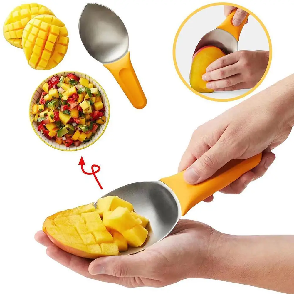 

Multifunctional Mango Slicer Kitchen Tool Fruit Pulp Cutter Splitter Separator Diced Corer Mango Tool Spoon Spoon Fruit F9U4