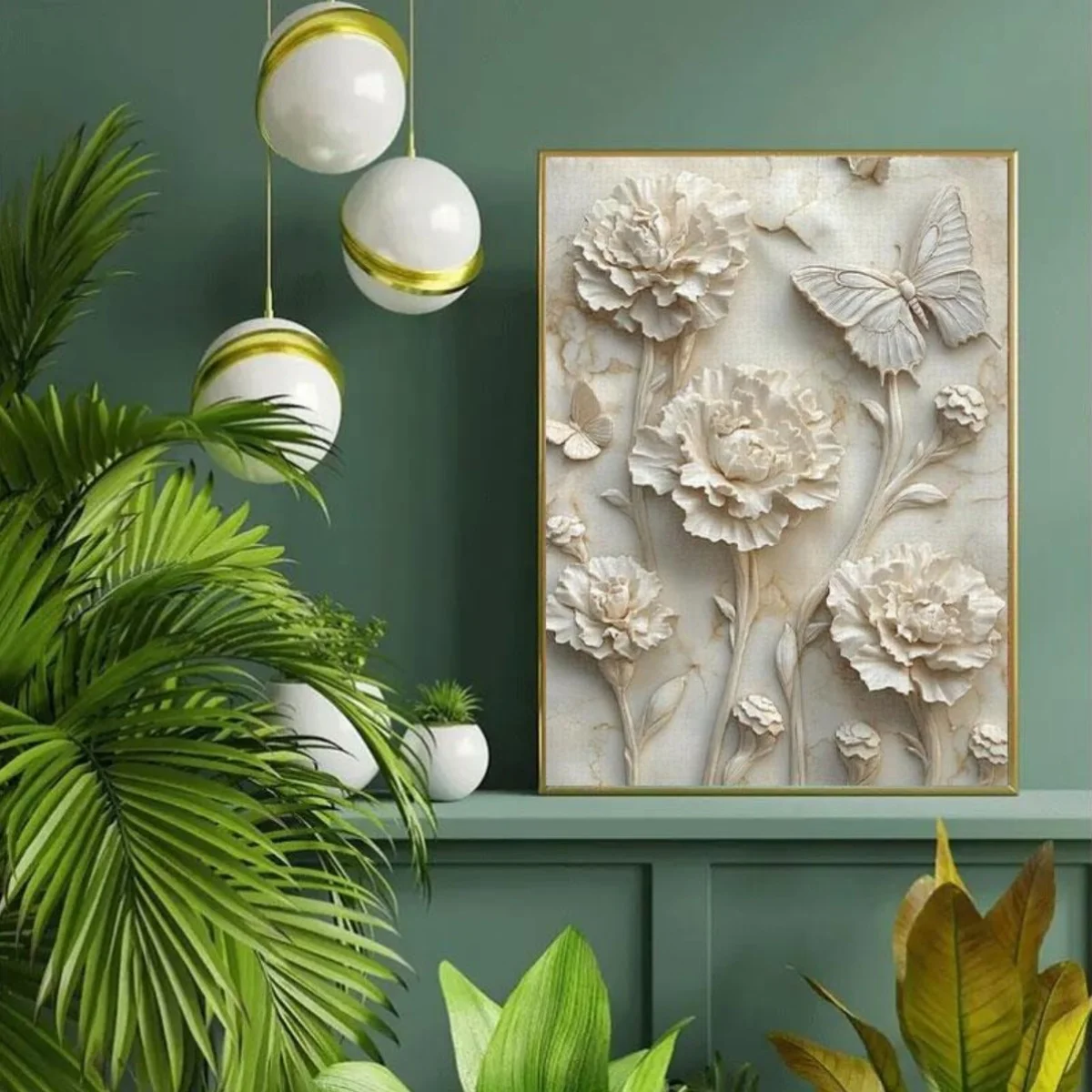 1000 יחידות פאזל 3D - קרנציות לבנות ופרפרים על מרקם מרמר, קופסת קרטון ממוחזרת ללא מסגרת גדולה, פופ-אאאוט 3D Ef