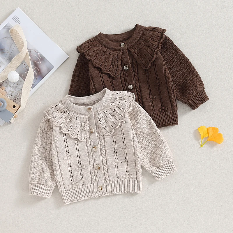 

0-24M Newborn Baby Girls Knitted Cardigan Sweater Cute Doll Collar Crochet Button Closure Cardigan Outerwear Infant Knitwear