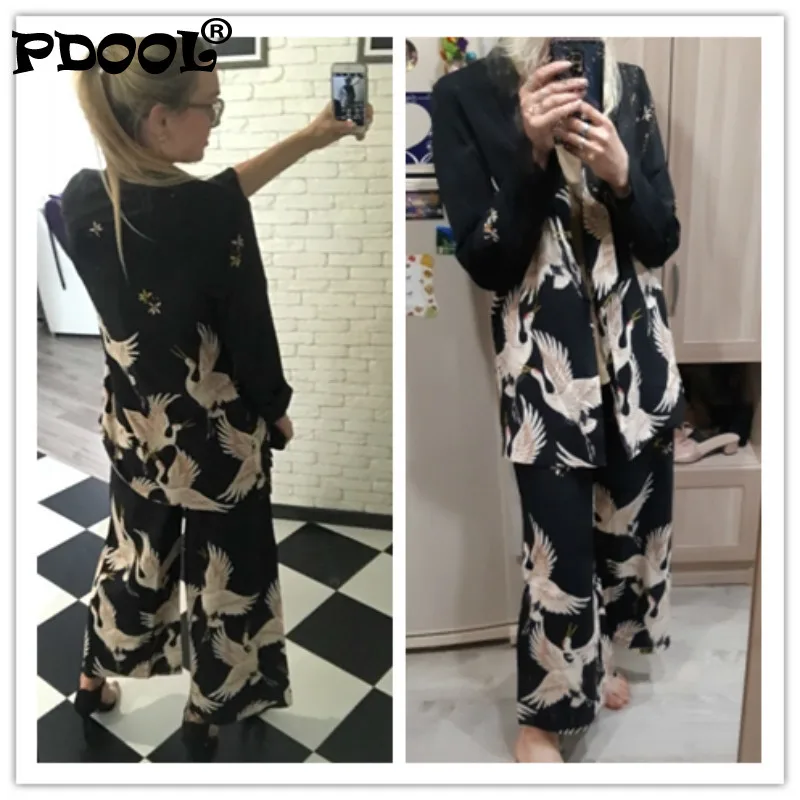 New Spring/Autumn Women Vintage Clothing Set Printed Blazer Wide Leg Retro Pant Female Bird Outfit Suits Women's Office Lady