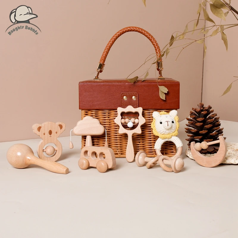 

8PCS Toy +Simulation Leather Cane Box Bell Rattle Wooden Trolley Threading Toy Crochet Bell Rattle Toy Baby Toy Set Baby Gifts