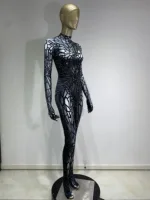 Women Sexy Printing Rhinestone Stretch Jumpsuit Club Evening Party Costume Wear Singer Dancer Stage Performance Costume - Image 3