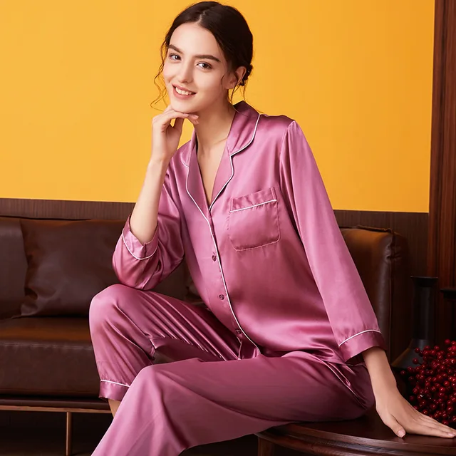 Female Real Silk Pajama Sleepwear 100% Pure Women's Pajamas Suits Long Top and Pant Silk Pajama Sets Plus Size Pijama Home Suit Bean  Red