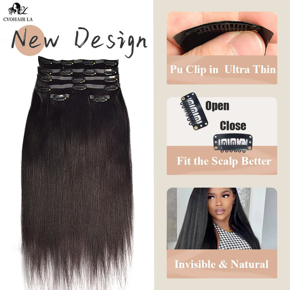 6PCS Afro Seamless Clip Ins Straight In Wome Hair PU Clip Full Head Black Human Hair Thin Invisible Extensions 100％ Human