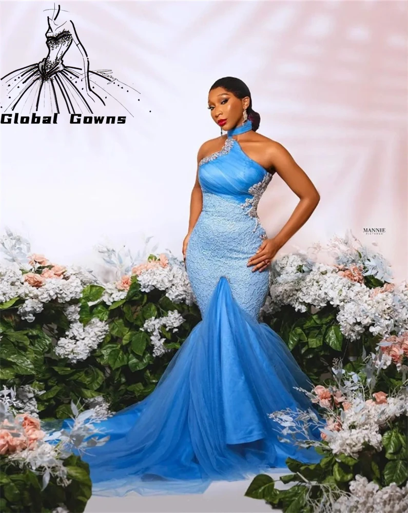 

Sky Blue Aso Ebi African High Neck Evening Dress For Black Girls Birthday Party Gown Beaded Appliques African Vestidos De Noche