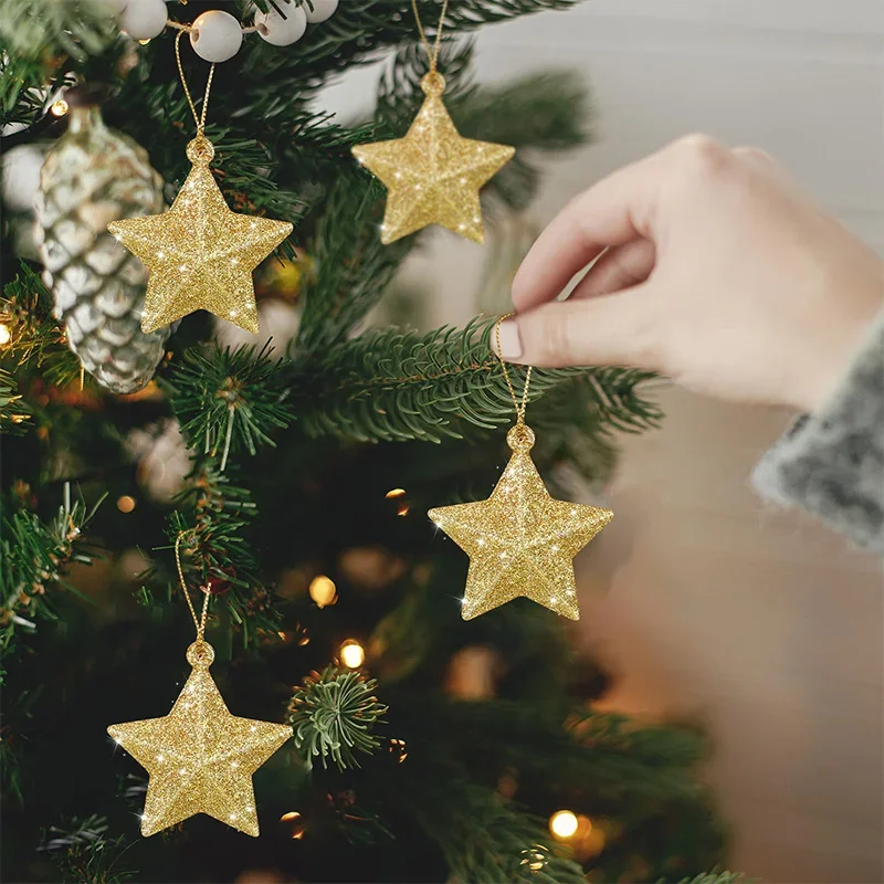 Gold Glitter Star Ornaments Christmas Tree Pendant Plastic Christmas Decorations Festive Embellish Party Navidad Decoration 2024