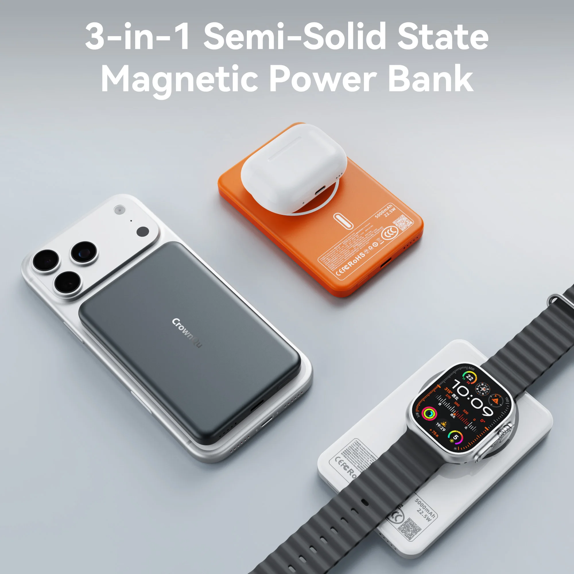 Quasi-Solid-State Battery Portable Magnetic Power Bank PD Safe Fast Charging QI 15W Charger for iPhone iwatch Airpods 5000 mAh
