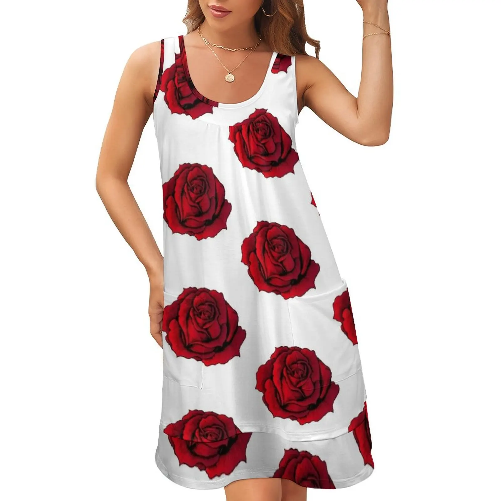 

Летнее красное платье без рукавов с U-образным вырезом, имитация двух частей, платья для женщин 2024, шикарное и элегантное вечернее платье