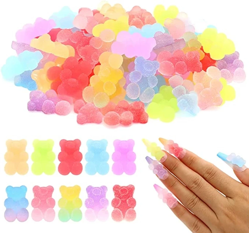 10Pcs/Lot Kawaii Jelly Gummy Bear Nail Art Charms Flower Sweet Mixed Candy  3D Nails Art Decoration Charms Luxury DIY Accessories