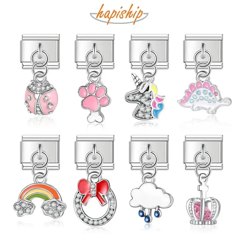 Hapiship-corona de Margarita Original, unicornio arcoíris, dinosaurio, abalorio italiano apto para pulsera de 9mm, fabricación de joyas de acero inoxidable DJTop23