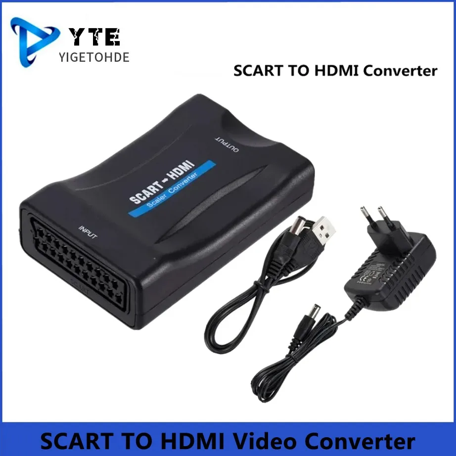 SCART To HDMI-compatible Video Audio Upscale Converter Adapter YIGETOHDE 1080P SCART To HDMI-compatible Video Audio Upscale Converter Adapter for HD TV DVD Sky Box STB Plug and Play DC Cable