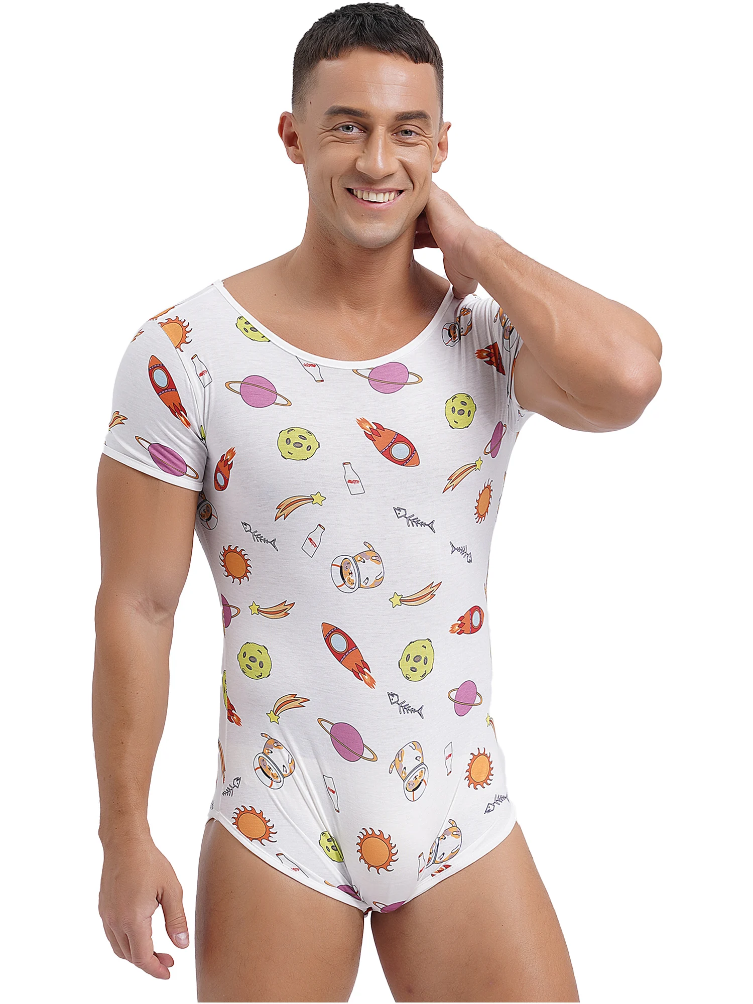 Mens Pajamas Bodysuit Sleepwear Cute Cartoon Print Short Sleeve Leotard Buttoned Crotch Diaper Rompers Sleep Loungewear Jumpsuit
