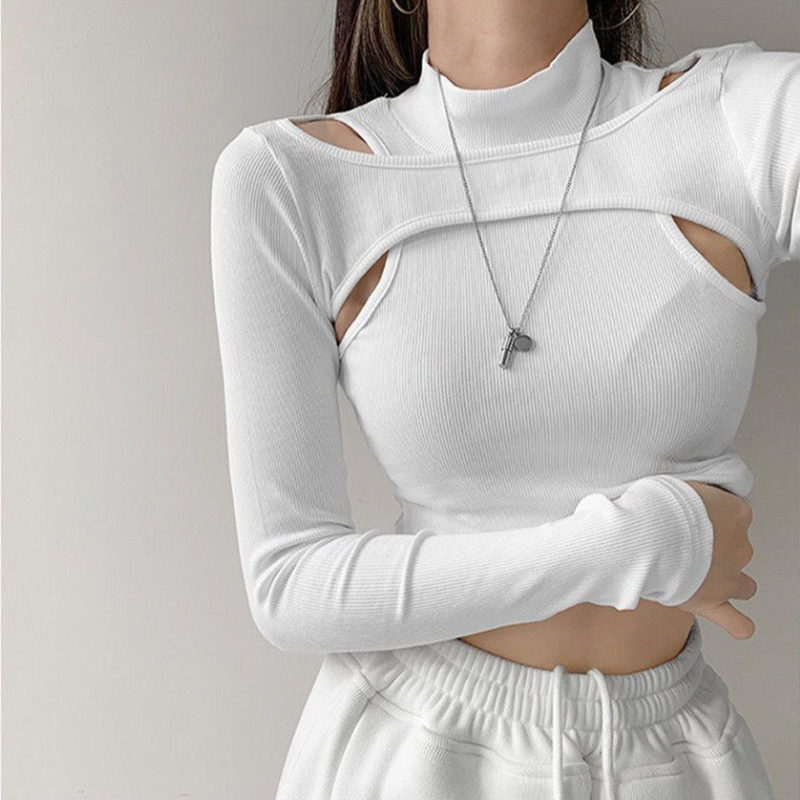 Spring and summer new design sense hollowed out long sleeved base shirt, short style exposed navel T-shirt, slim fit top