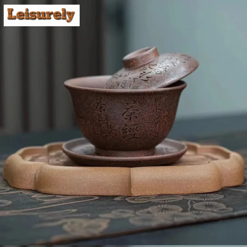 150ml Authentic Yixing Purple Clay Cover Bowl Master Handmade Engrave Gaiwan Raw Ore Dragon Bone Gold Sand Tea Tureen Wood-fired