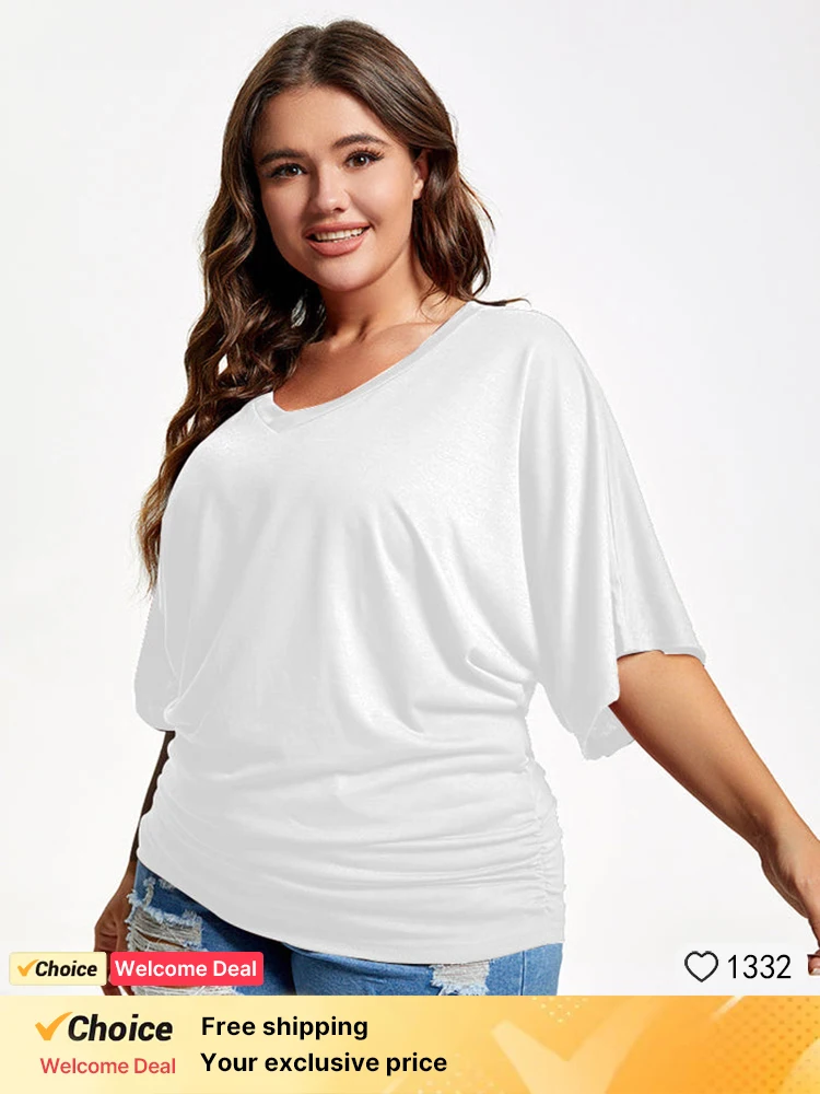 

Plus Sized Clothing Fashion Women Cotton Ruched Batwing Sleeve V-Neck Short Sleeve Female Tee Slim Casual Solid Lady Tshirt Tops