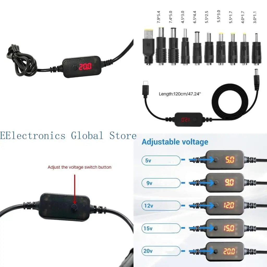 462B PD toDC 전원 어댑터 케이블 USB C 수-수 코드 5V, 9V, 12V, 15V, 20V 조정 가능한 출력 전압(10개 어댑터 포함)
