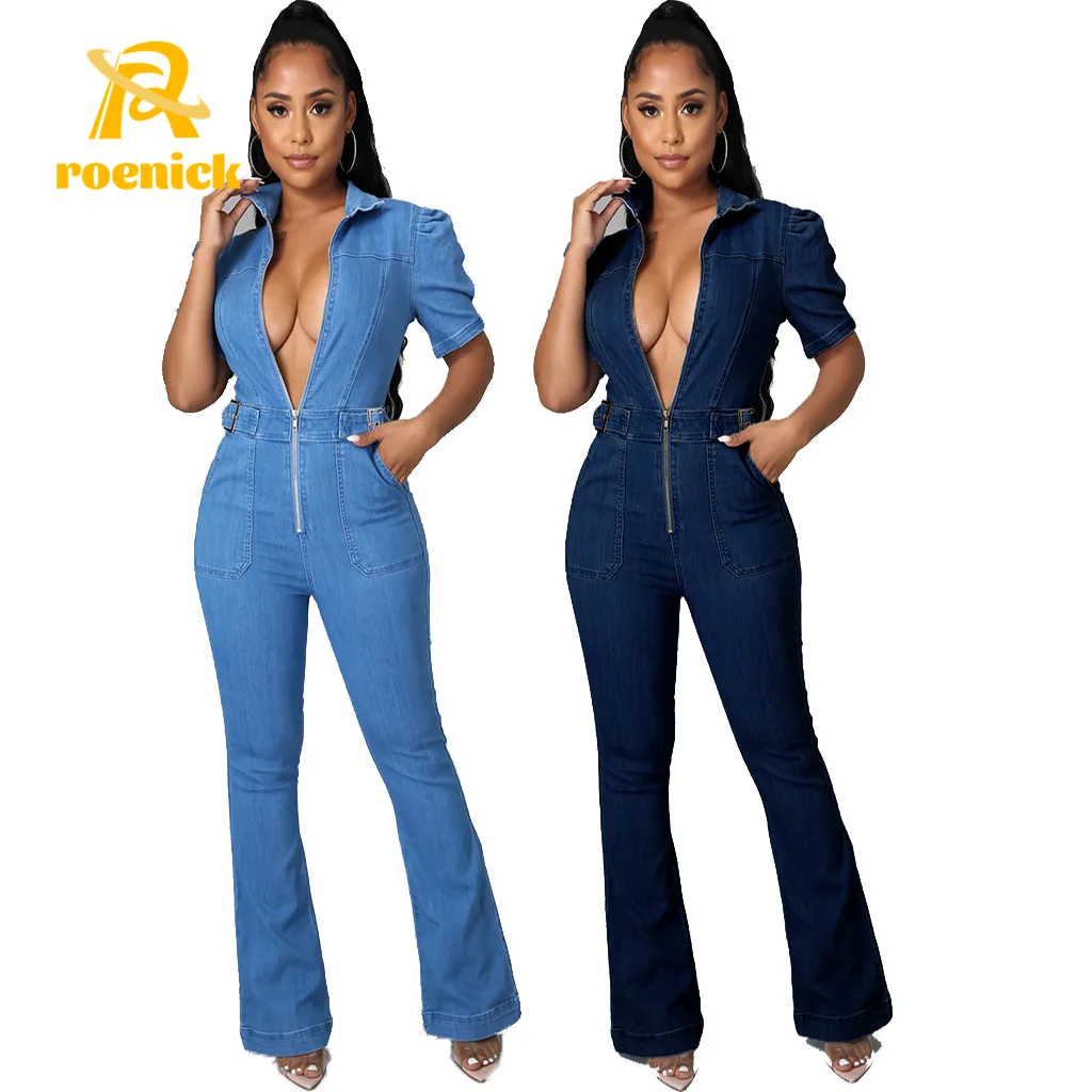 

ROENICK Women Turn Down Collar Sexy Zipper Jumpsuits Straight Jeans Overalls Denim Bodycon Rompers Trousers Clubwear Playsuit