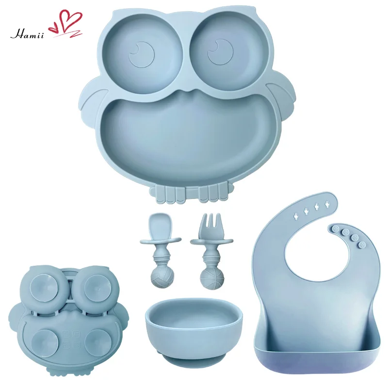 

5/9/10Pcs Silicone Baby Feeding Set BPA Free Cute Owl Suction Plates Sucker Bowl Cups Bibs Spoon Fork Children Dishes Tableware