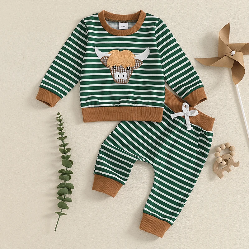 Embroidered Cow Top & Striped Pants Set 1