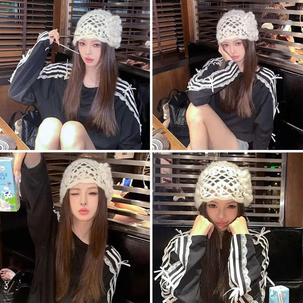 1 Pcs Spring Summer Acrylic Fiber Hand-woven Thread Knitting Thin Hollowed Out Breathable Tide Woolen Melon Leather Baotou Hat 4