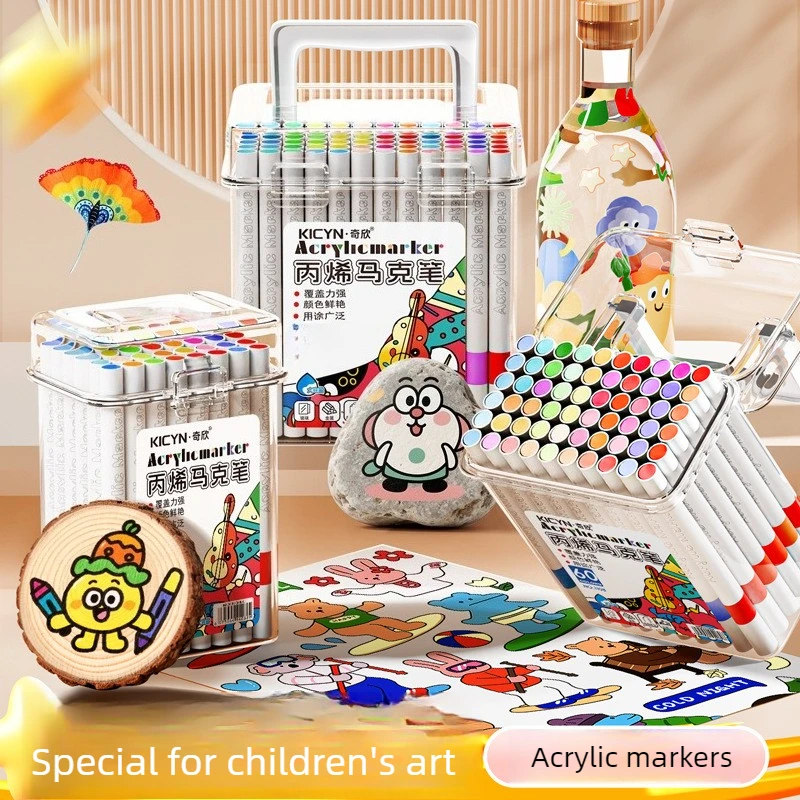Water-Washable, Non-Bleeding, Layerable Acrylic Markers for Primary School Students - Waterproof, Bucket-Packaged Colored Pens - 2