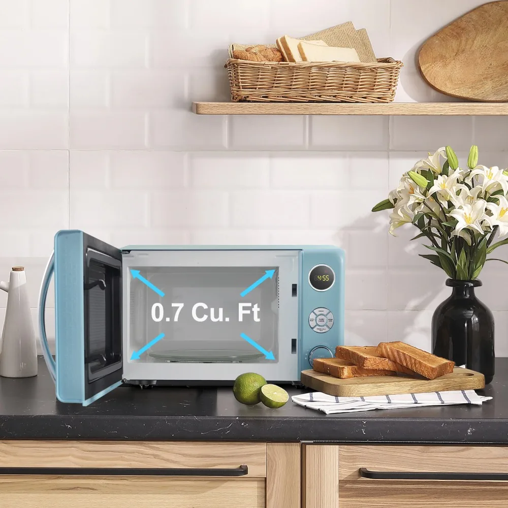 0.7 cubic feet retro desktop microwave, free delivery of kitchen essentials, 700 watts, blue, new 3