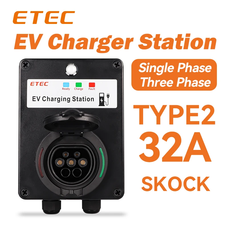 ETEC EVSE Wallbox EV Charger Wall Type2 32A 22kw/7kw Single/Three Phase