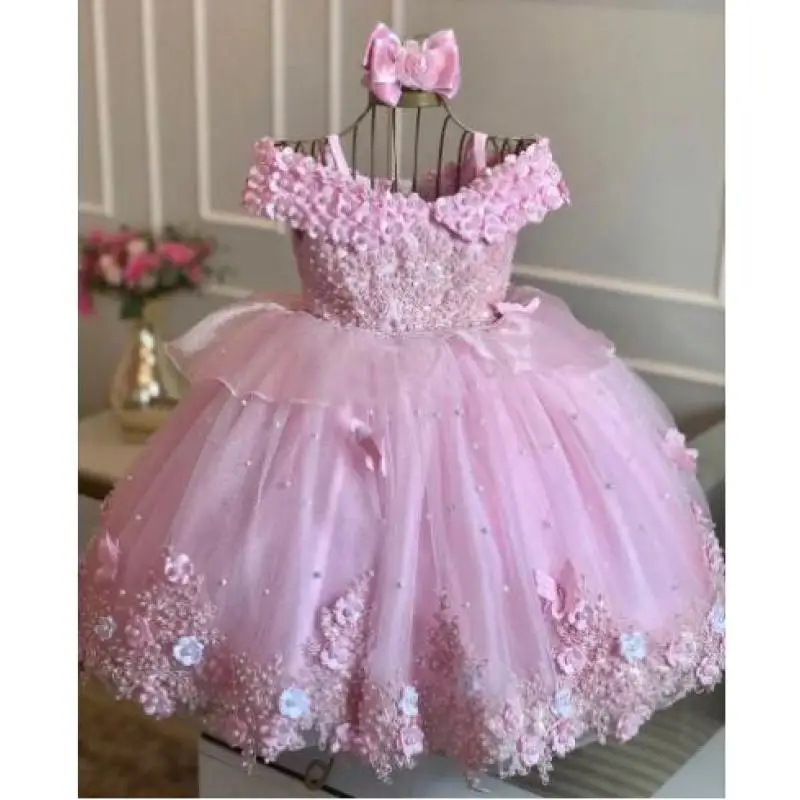Abiti da neonata con spalle scoperte Perle Pizzo Farfalle Fiore Abito da principessa Infantile Primo compleanno Abito da festa Regalo da comunione - immagine 3