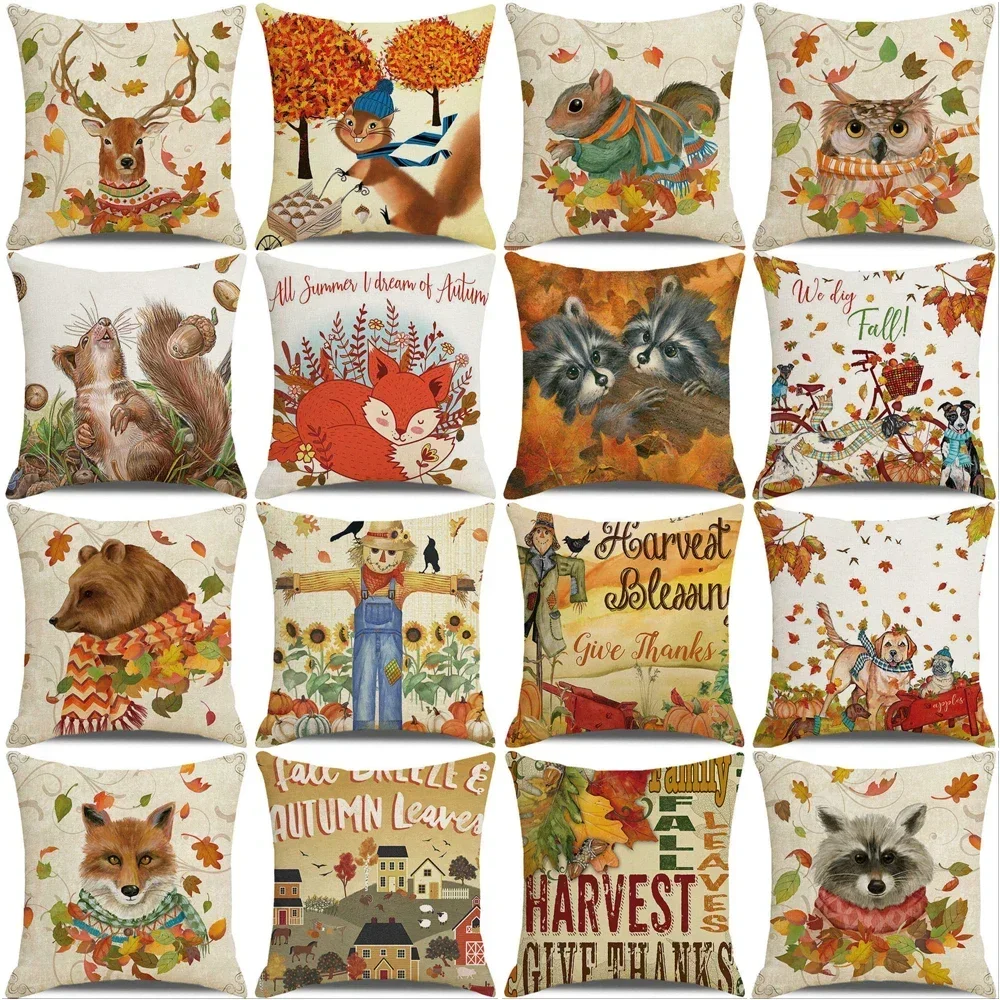 

Autumn Thanksgiving Cushion Cover 45x45cm Home Decorative Linen Pillowcases Cute Animals Fall Defoliation Printed Pillow Cover