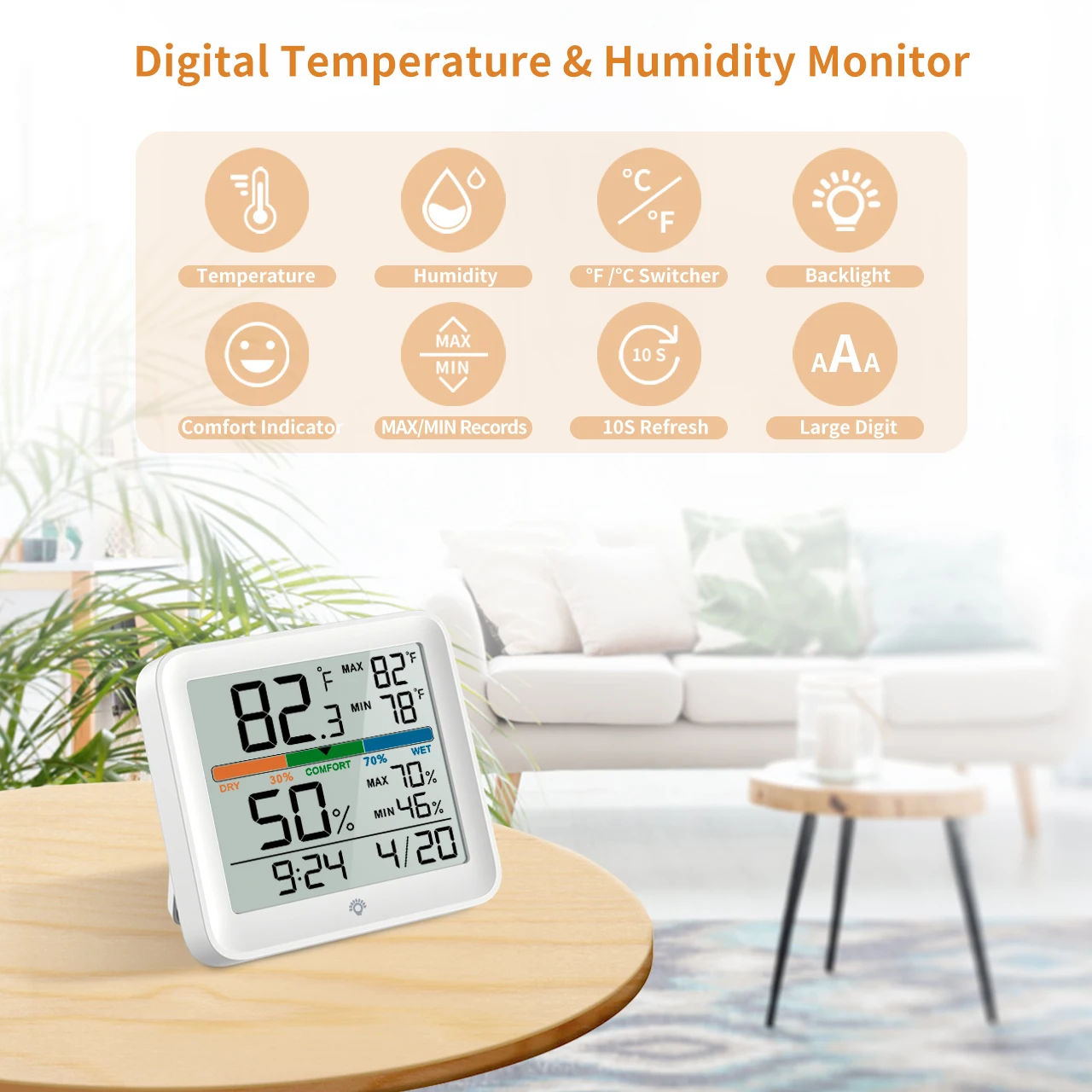 LIORQUE Termómetro higrómetro interior, medidor de humedad de la habitación  con temperatura, monitor digital de temperatura y humedad con indicador de