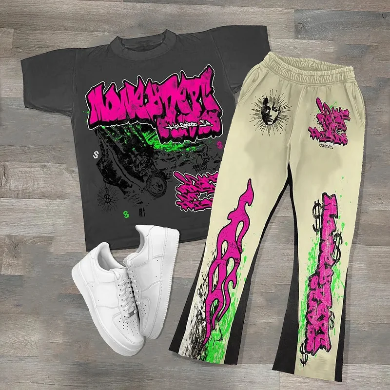 Summer Casual Men Short Sleeve T-shirt Flared Pants Oversized 3D Printing Sportwear Suit 2 Piece Sets Men Tracksuit New