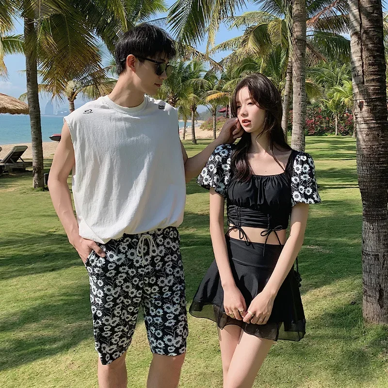 

Sexy Couple Swimsuit Set Black Hawaiian Sling Split Swimswear Bathing Suits Lovers 2 Peice Set Women Swimming Pants for Man