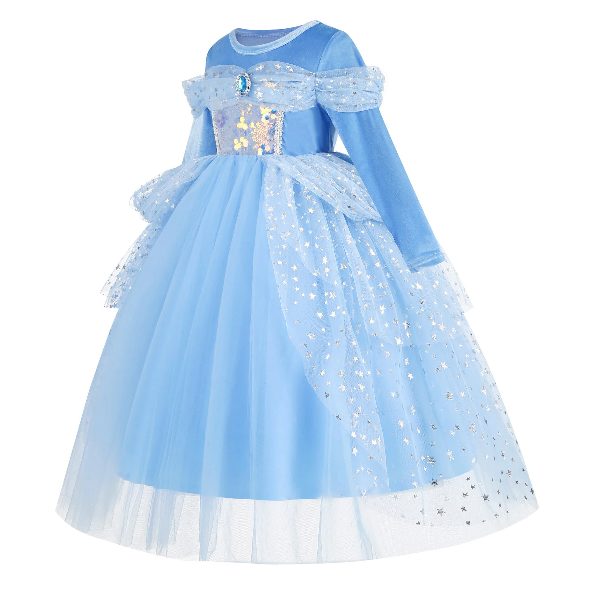 Girl Cinderella Dress Long Sleeve Princess Cosplay Costume Blue Sequin Children Bithday Surprise Kids Ball Gown