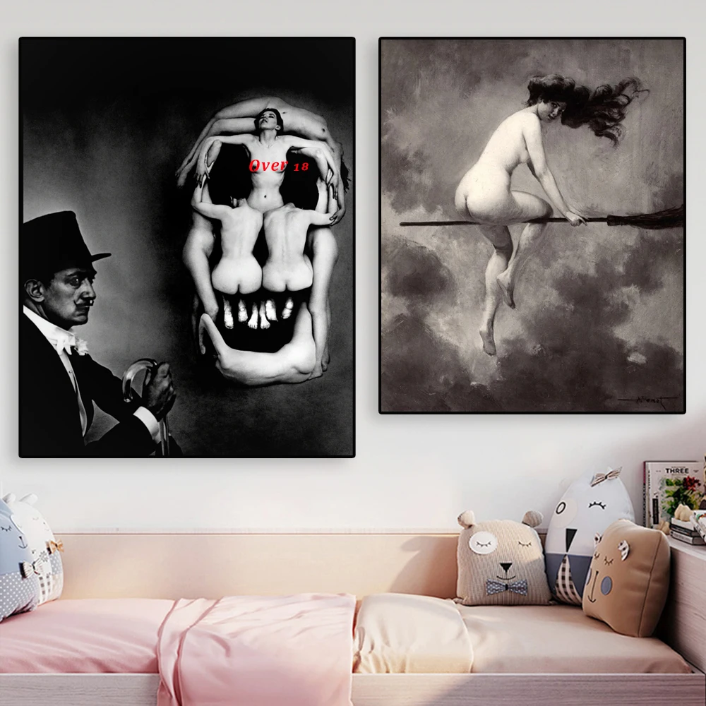 Pintura Vintage de bruja en escoba, póster Retro, mujer desnuda, arte  gótico de pared, impresión en lienzo, decoración de Halloween, imagen para  la habitación del hogar - AliExpress