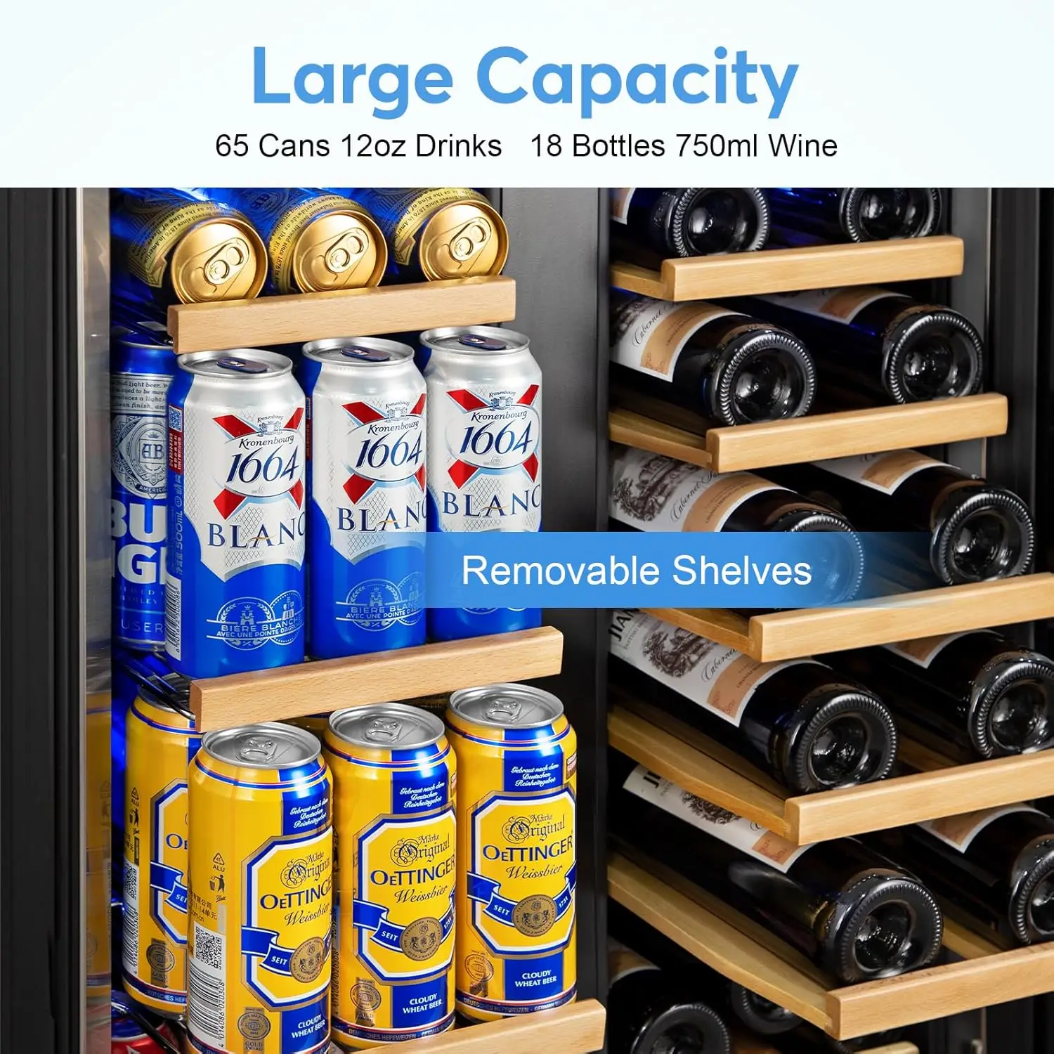 Wine and Beverage Refrigerator with Glass Door, 24-Inch Dual Zone Wine Fridge Under Counter - 18 Bottle and 65 Can Large Capacit 5