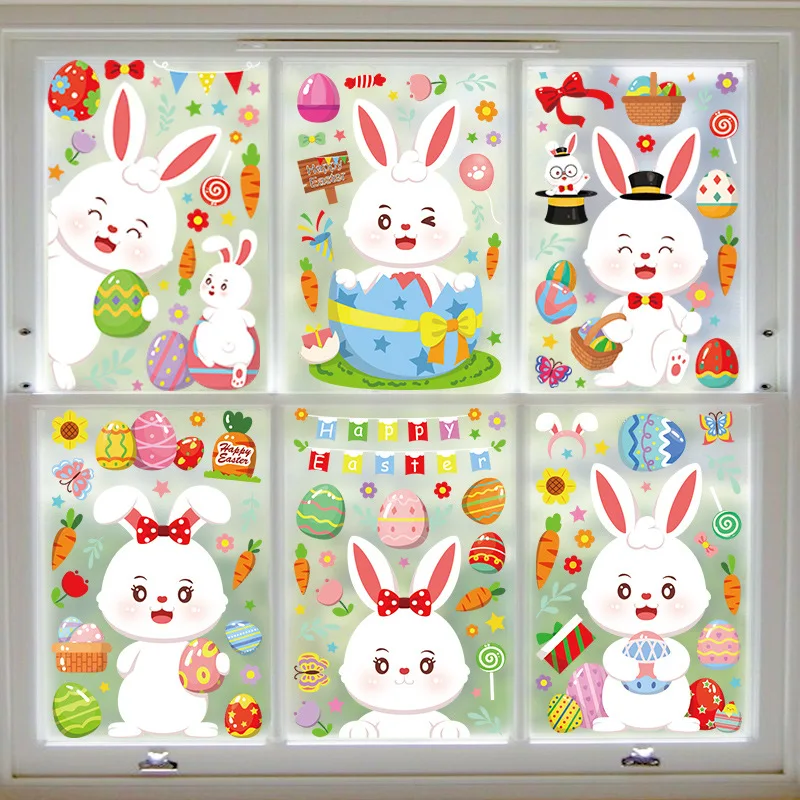 

Easter Stickers Window Decoration Cartoon Rabbit Easter Eggs Basket Stickers for Glass Window Glass Door Wall Decals Party Decor