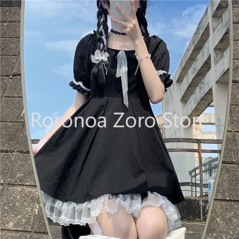 

Gothic Lolita Dress Women Goth Harajuku Cute Lace Black Puff Sleeve Short Dresses School Jk 2022 Summer Girls