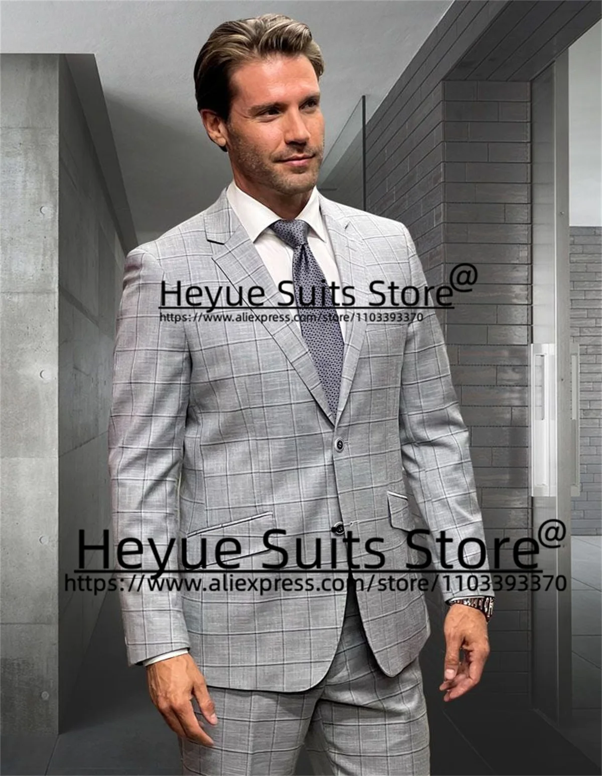 2024New Grey Plaid Business 3 Pcs Sets Custome Made Slim Fit Notched Lapel Men Suits Luxuly Wedding Groom Tuxedos Costume Homme