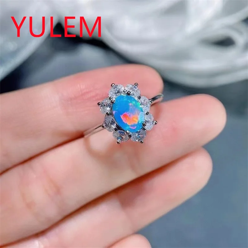 YULEM 2022 Newest Natural Blue Opal Ring Real 925 Sterling Silver