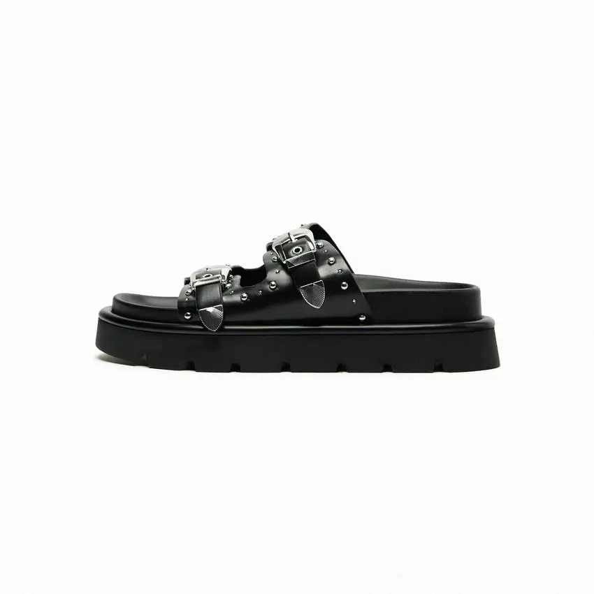 ESVEVA Women Sandals Shoes Fashion Genuine Leather Low Heels Slingback Platform Woman Casual Rivet Slippers Size 34-40