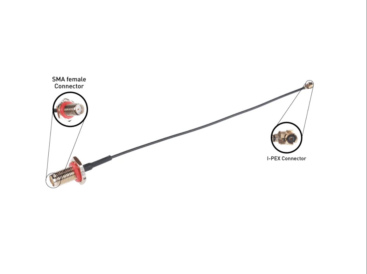 Connecteur I-PEX miniature du câble antenne SMA vers I-PEX pour LoRa drone, sur fond blanc.