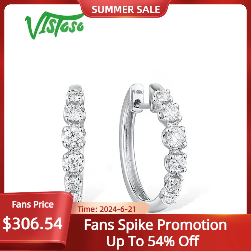 

VISTOSO 14K Pure 585 White Gold Earrings For Lady Glamorous Sparkling Diamond Hoop Earrings Wedding Engagement Fine Jewelry