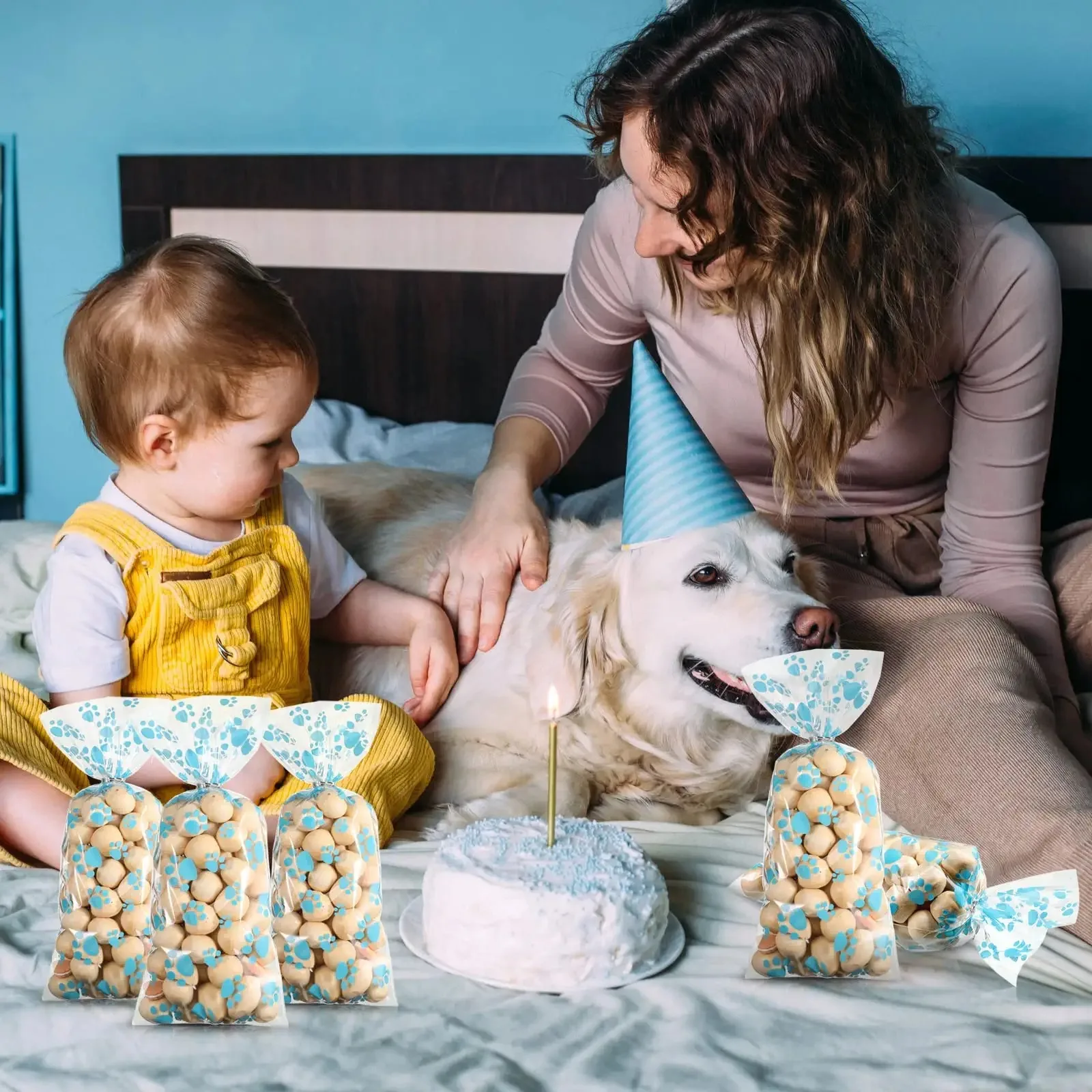 100 Sacchetti Cellophane A Forma Di Zampa Per Feste Animali - Con Lacci