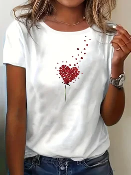 Summer Casual Attire Women's Heart Dandelion Print T-Shirt Short Sleeve Round Neck Woman Fashion Top Tshirt Clothing 1