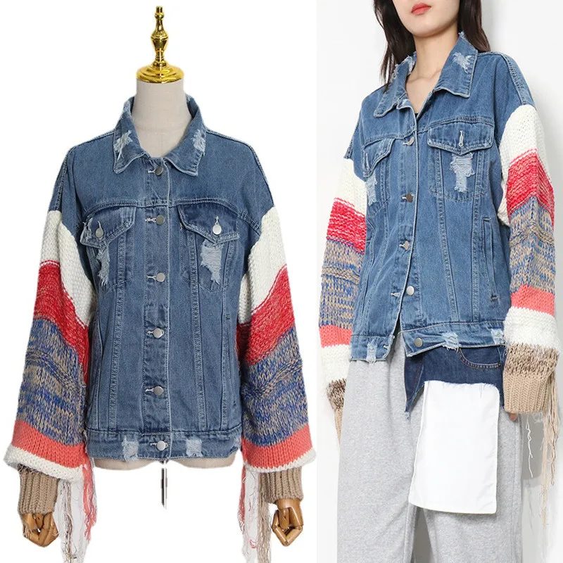 

Casual Tassel Patchwork Knitted Jacket for Women Lapel Long Sleeve Streetwear Denim Jacket Female Fashion New Fall